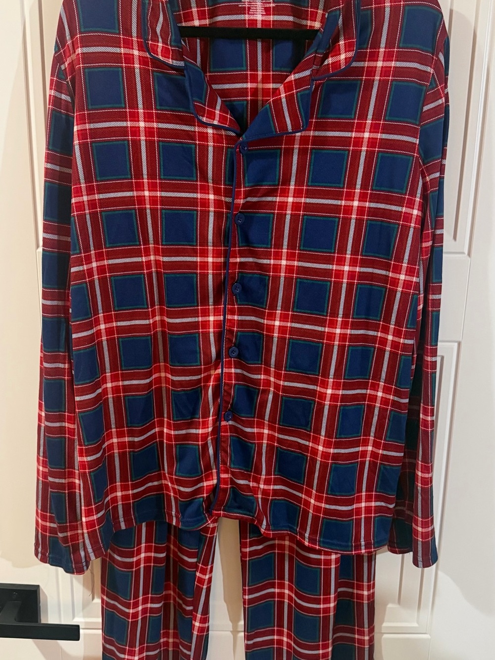 Men’s red, blue, and white plaid pajama set in size Large